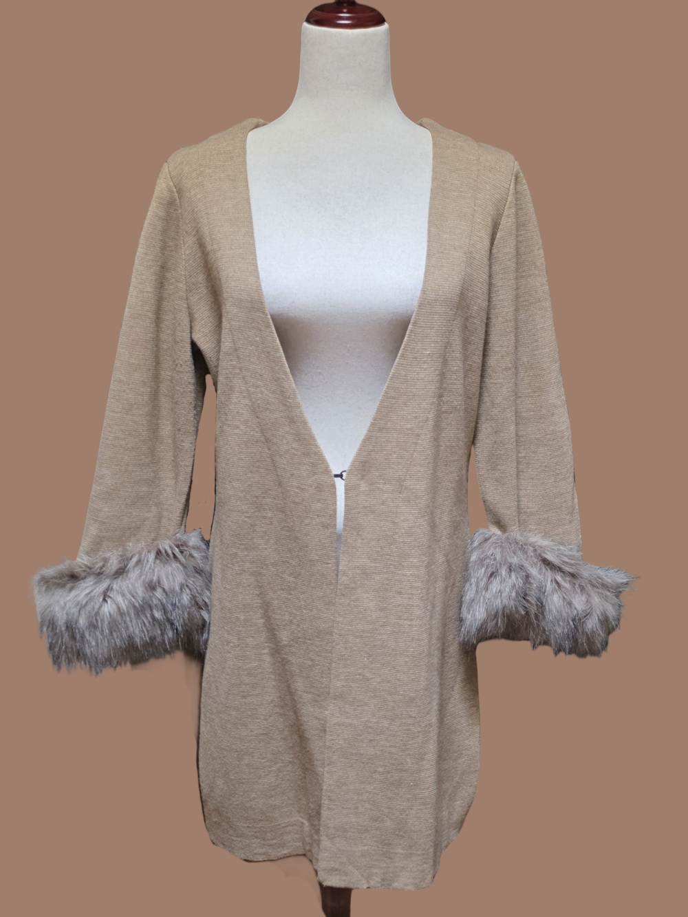 Soft Surroundings Tan Wool Blend Faux Fur Cuff Cardigan Sweater